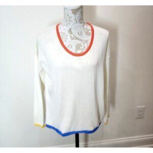 Hannah Sweater Ivory Colorful Trim Lightweight Long Sleeve Soft Women's Medium